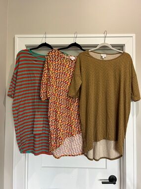 LuLaRoe Multicolor Geometric Tunic with Mustard Knit lot of 3 (oversized small)